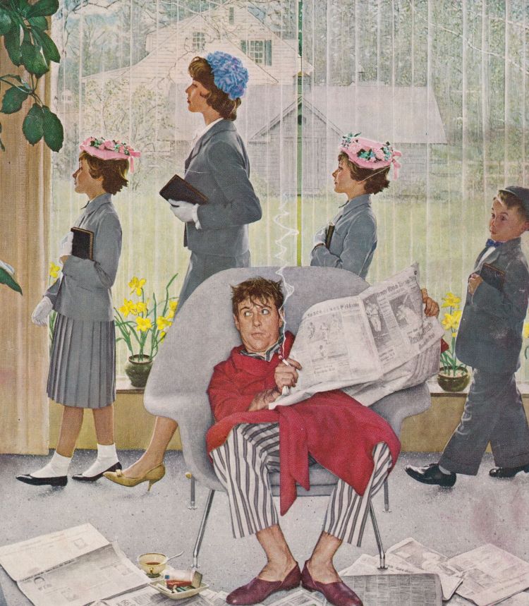 Mother and children heading to church while father sits in pjs reading the Sunday paper. The painting is by Norman Rockwell.